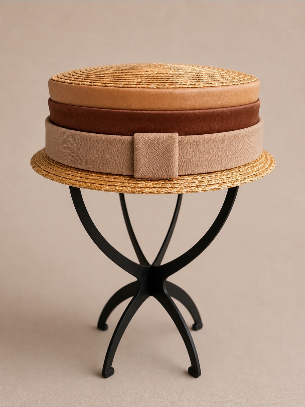 Vintage 1950s-1960s Straw Pillbox Hat With Birdcage Veil Beige Brown Satin Trim - Picture 2 of 5